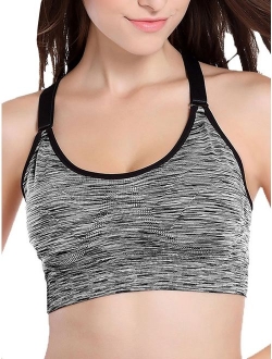 SAYFUT Women's Adjustable Back Padded Sports Bra Seamless Mesh Racerback Middle Impact