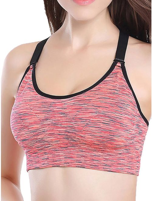 SAYFUT Women's Adjustable Back Padded Sports Bra Seamless Mesh Racerback Middle Impact