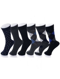 6 Pack Mens Cotton Dress Socks Mid Calf Argyle Pattern Solids Set