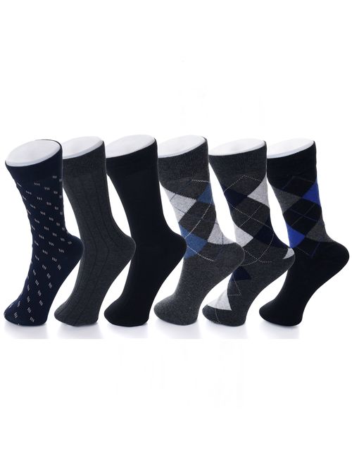 Alpine Swiss 6 Pack Mens Cotton Dress Socks Mid Calf Argyle Pattern Solids Set