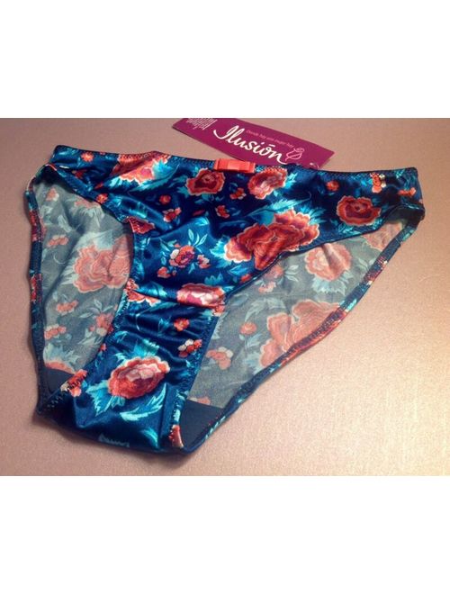 Women Panties,Bikinis"ILUSION"Size L.Floral Satin Soft Shiny W/Decoration Mexico