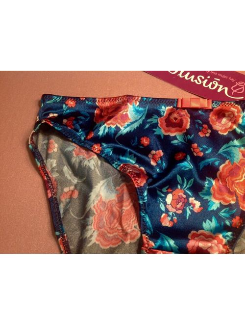 Women Panties,Bikinis"ILUSION"Size L.Floral Satin Soft Shiny W/Decoration Mexico