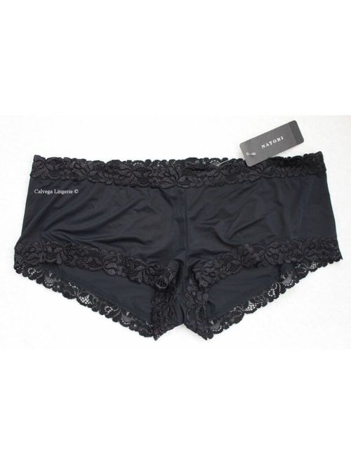 NWT NATORI 756037 Lace Trim Nylon Boyshorts, Black (001)