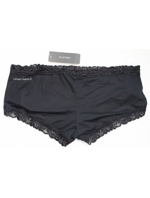 NWT NATORI 756037 Lace Trim Nylon Boyshorts, Black (001)