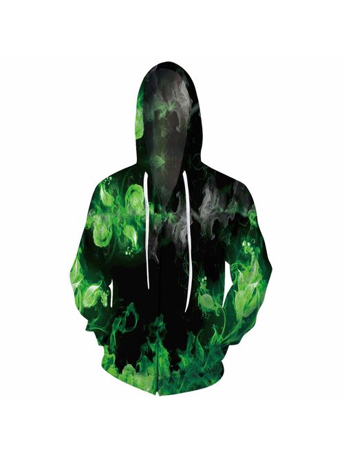 Uideazone Unisex 3D Graphic Printed All Over Print Zip Up Hoodie Casual Pullover Hooded Sweashirt Jacket Pockets