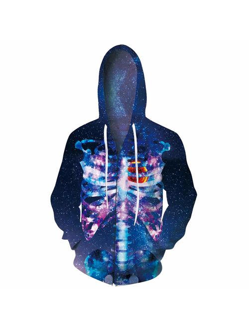 Uideazone Unisex 3D Graphic Printed All Over Print Zip Up Hoodie Casual Pullover Hooded Sweashirt Jacket Pockets