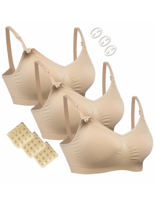 HOFISH 3PACK Full Bust Seamless Nursing Maternity Bras Bralette S-XXL with Extra Bra Extenders & Clips