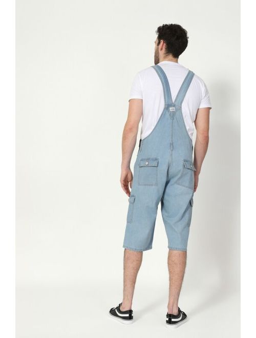 Mens Cargo Pocket Denim Overall Shorts - Palewash Short Bib Overalls Shortalls