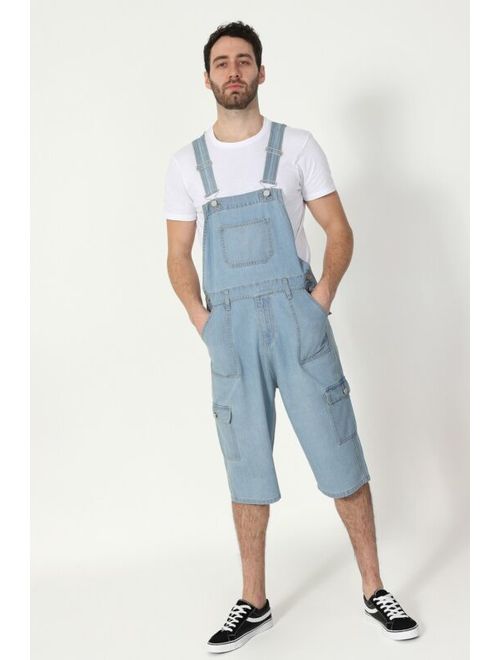 Mens Cargo Pocket Denim Overall Shorts - Palewash Short Bib Overalls Shortalls