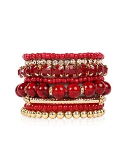 Multi Color Stretch Beaded Stackable Bracelets - Layering Bead Strand Statement Bangles