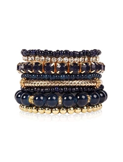 Multi Color Stretch Beaded Stackable Bracelets - Layering Bead Strand Statement Bangles