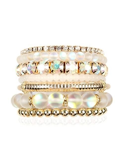 Multi Color Stretch Beaded Stackable Bracelets - Layering Bead Strand Statement Bangles