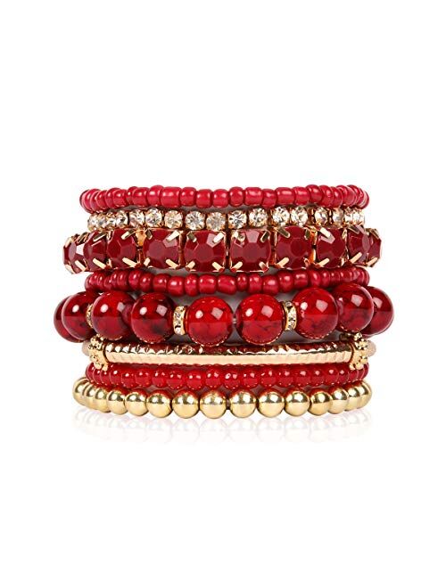 RIAH FASHION Multi Color Stretch Beaded Stackable Bracelets - Layering Bead Strand Statement Bangles