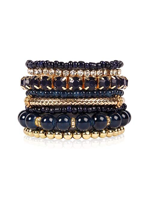 RIAH FASHION Multi Color Stretch Beaded Stackable Bracelets - Layering Bead Strand Statement Bangles