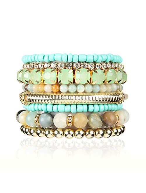 RIAH FASHION Multi Color Stretch Beaded Stackable Bracelets - Layering Bead Strand Statement Bangles