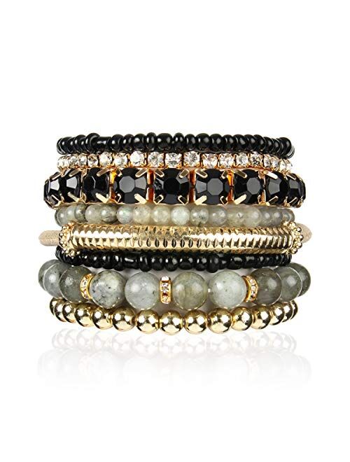 RIAH FASHION Multi Color Stretch Beaded Stackable Bracelets - Layering Bead Strand Statement Bangles