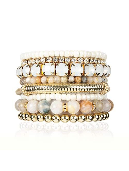 RIAH FASHION Multi Color Stretch Beaded Stackable Bracelets - Layering Bead Strand Statement Bangles