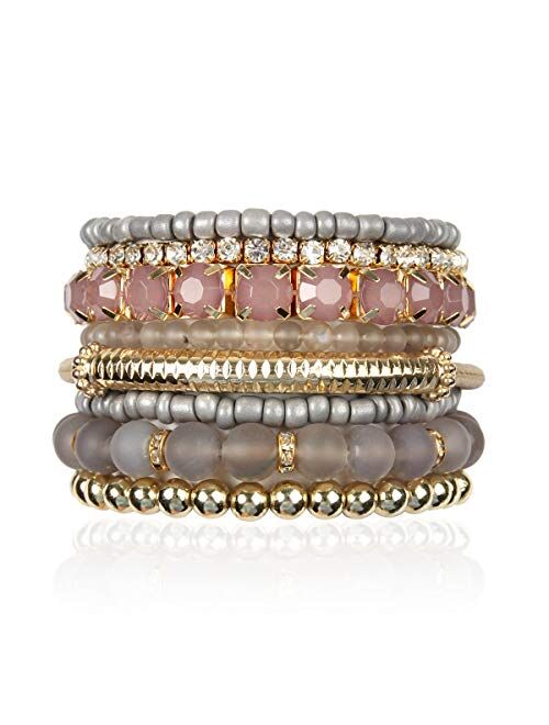 RIAH FASHION Multi Color Stretch Beaded Stackable Bracelets - Layering Bead Strand Statement Bangles