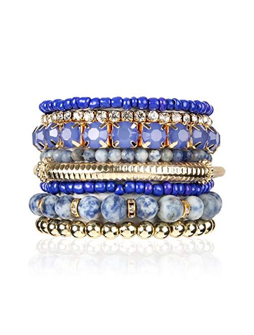 RIAH FASHION Multi Color Stretch Beaded Stackable Bracelets - Layering Bead Strand Statement Bangles