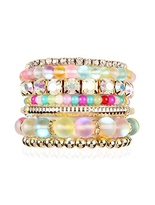 RIAH FASHION Multi Color Stretch Beaded Stackable Bracelets - Layering Bead Strand Statement Bangles