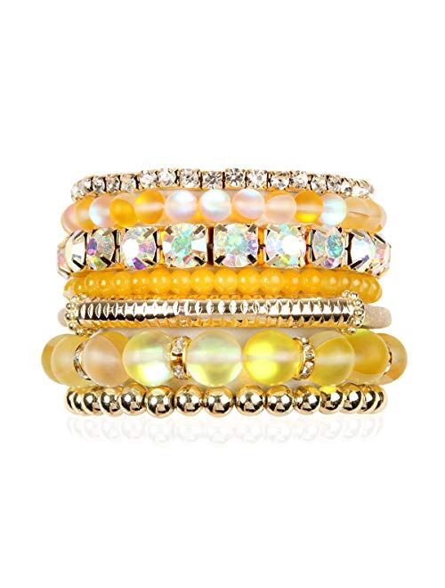 RIAH FASHION Multi Color Stretch Beaded Stackable Bracelets - Layering Bead Strand Statement Bangles