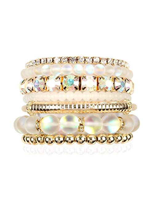 RIAH FASHION Multi Color Stretch Beaded Stackable Bracelets - Layering Bead Strand Statement Bangles