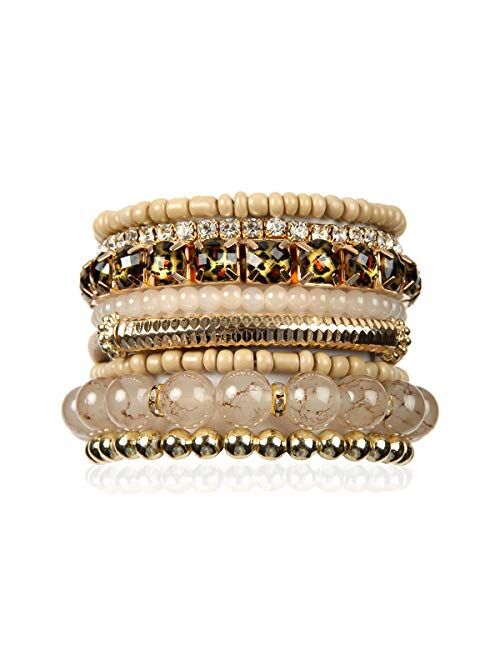 RIAH FASHION Multi Color Stretch Beaded Stackable Bracelets - Layering Bead Strand Statement Bangles