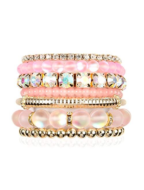 RIAH FASHION Multi Color Stretch Beaded Stackable Bracelets - Layering Bead Strand Statement Bangles