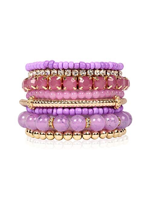 RIAH FASHION Multi Color Stretch Beaded Stackable Bracelets - Layering Bead Strand Statement Bangles