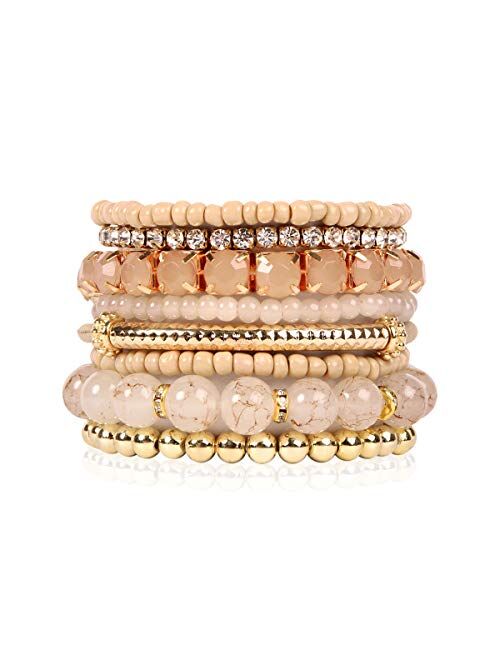 RIAH FASHION Multi Color Stretch Beaded Stackable Bracelets - Layering Bead Strand Statement Bangles