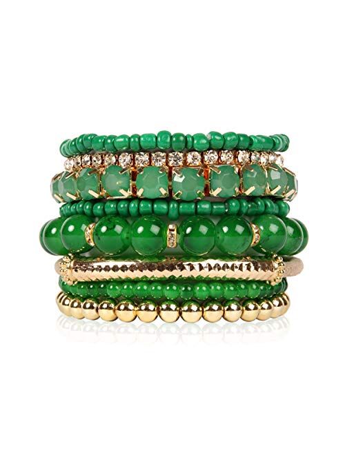 RIAH FASHION Multi Color Stretch Beaded Stackable Bracelets - Layering Bead Strand Statement Bangles