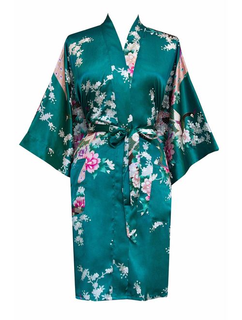 KIM+ONO Women's Kimono Short Robe - Peacock & Blossoms