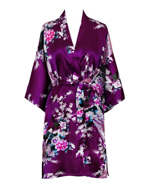 KIM+ONO Women's Kimono Short Robe - Peacock & Blossoms