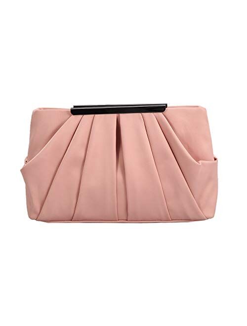 Womens Pleated Satin Evening Handbag Clutch With Detachable Chain Strap Wedding Cocktail Party Bag