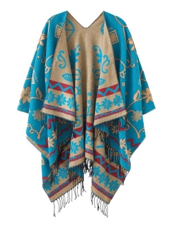 Women's Fashionable Retro Style Vintage Pattern Tassel Poncho Shawl Cape