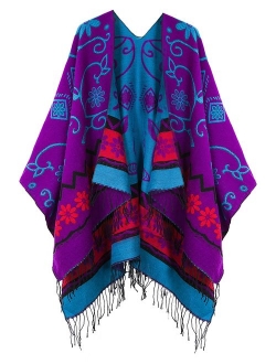 Women's Fashionable Retro Style Vintage Pattern Tassel Poncho Shawl Cape