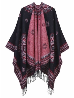 Women's Fashionable Retro Style Vintage Pattern Tassel Poncho Shawl Cape