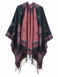 Women's Fashionable Retro Style Vintage Pattern Tassel Poncho Shawl Cape