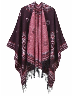 Women's Fashionable Retro Style Vintage Pattern Tassel Poncho Shawl Cape