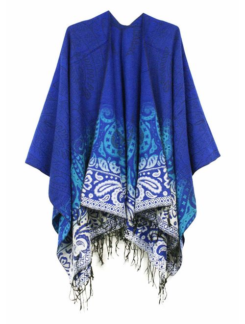 Urban CoCo Women's Fashionable Retro Style Vintage Pattern Tassel Poncho Shawl Cape