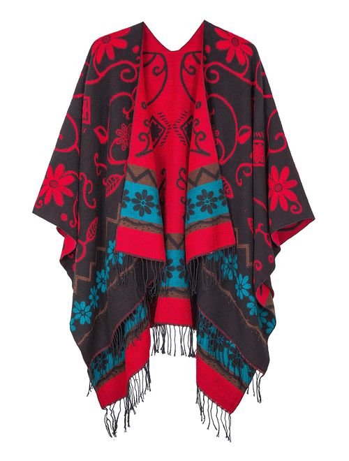 Urban CoCo Women's Fashionable Retro Style Vintage Pattern Tassel Poncho Shawl Cape