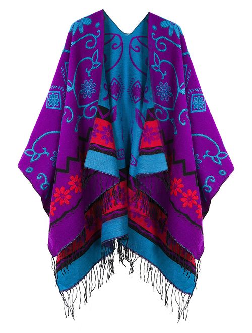 Urban CoCo Women's Fashionable Retro Style Vintage Pattern Tassel Poncho Shawl Cape