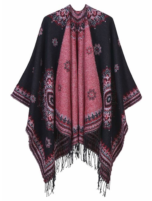 Urban CoCo Women's Fashionable Retro Style Vintage Pattern Tassel Poncho Shawl Cape