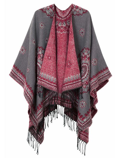 Urban CoCo Women's Fashionable Retro Style Vintage Pattern Tassel Poncho Shawl Cape