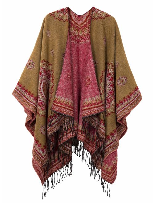 Urban CoCo Women's Fashionable Retro Style Vintage Pattern Tassel Poncho Shawl Cape