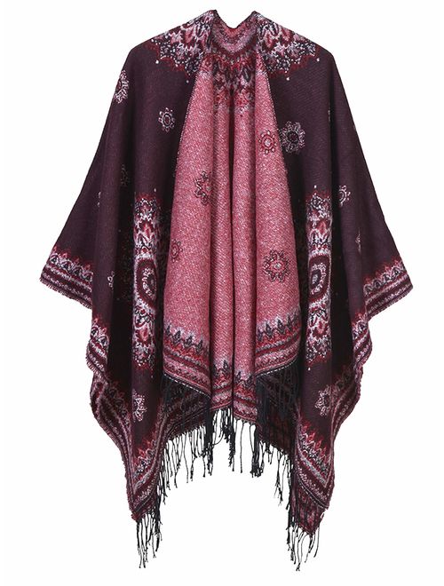 Urban CoCo Women's Fashionable Retro Style Vintage Pattern Tassel Poncho Shawl Cape