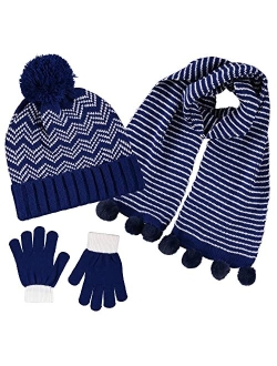 S.W.A.K Kids Girls Knit Pompom Beanie Hat Scarf and Gloves Set One Size Fits Most (See More Colors)