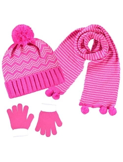 S.W.A.K Kids Girls Knit Pompom Beanie Hat Scarf and Gloves Set One Size Fits Most (See More Colors)