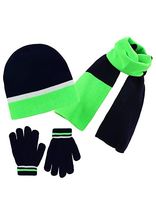 S.W.A.K Kids Girls Knit Pompom Beanie Hat Scarf and Gloves Set One Size Fits Most (See More Colors)