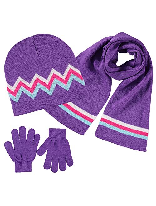 S.W.A.K Kids Girls Knit Pompom Beanie Hat Scarf and Gloves Set One Size Fits Most (See More Colors)